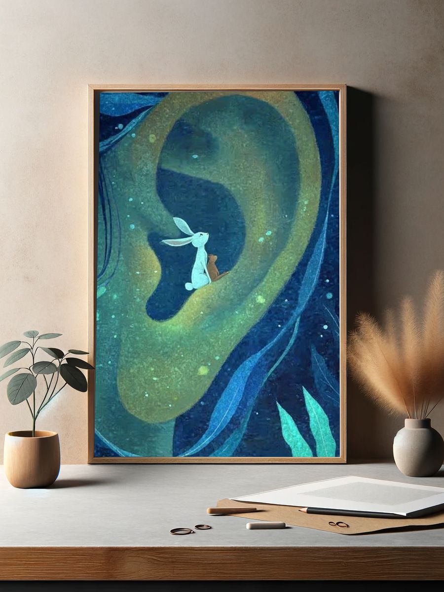 Whimsical Rabbit and Bear Illustration Poster. — room view 2
