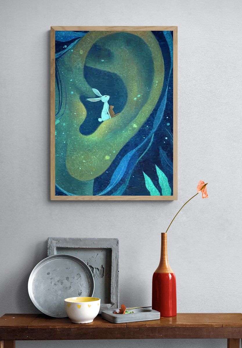 Whimsical Rabbit and Bear Illustration Poster. — room view 3