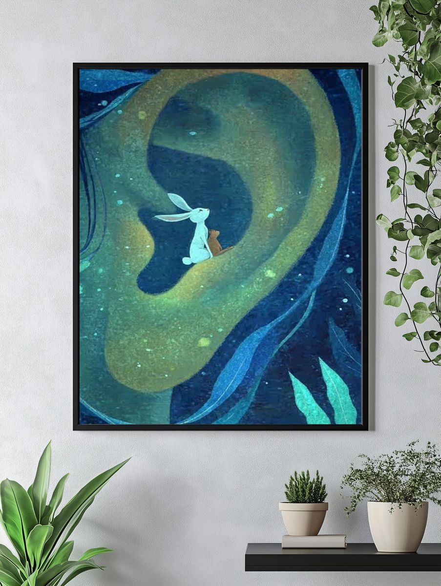 Whimsical Rabbit and Bear Illustration Poster. — room view 4