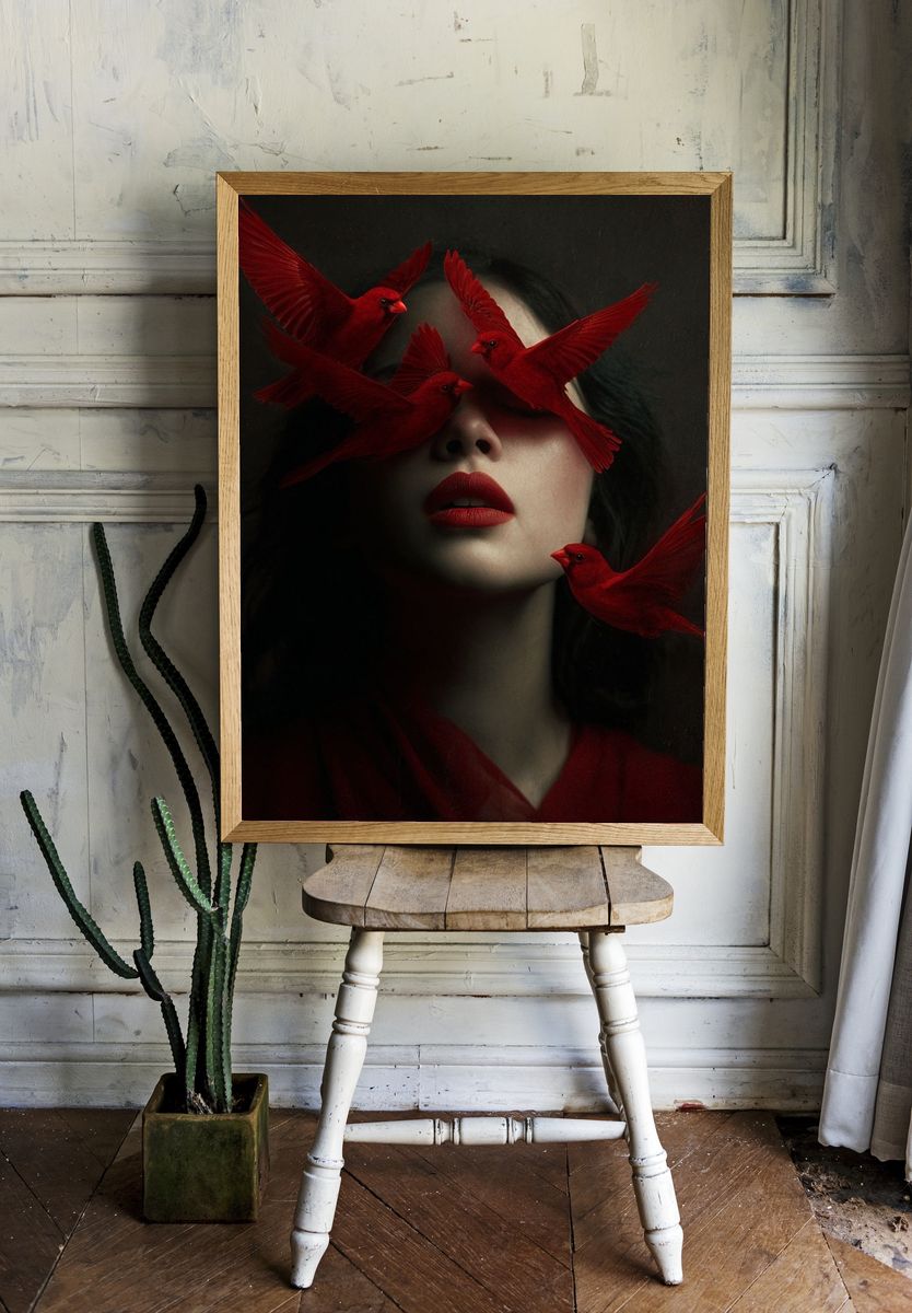 Red Birds and Woman — Surreal Art Print. — room view 1