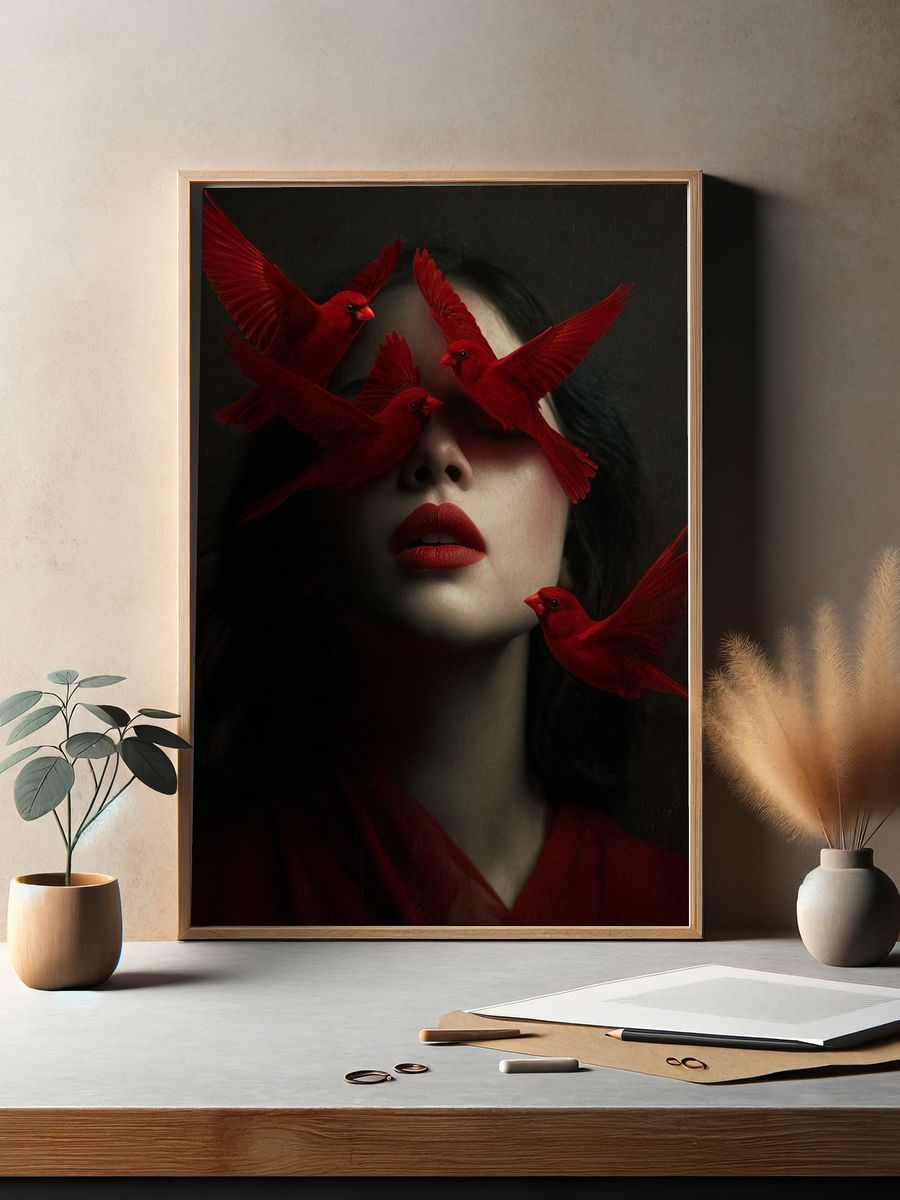 Red Birds and Woman — Surreal Art Print. — room view 2