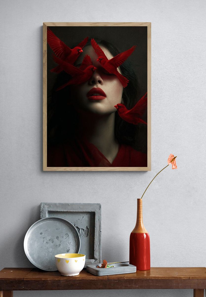 Red Birds and Woman — Surreal Art Print. — room view 3