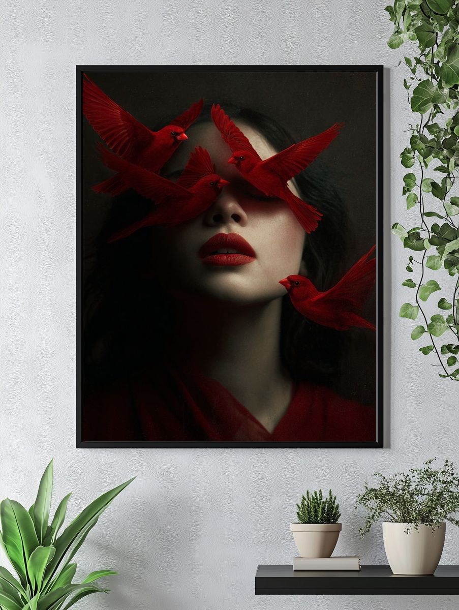 Red Birds and Woman — Surreal Art Print. — room view 4