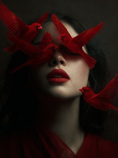 Red Birds and Woman — Surreal Art Print. poster print
