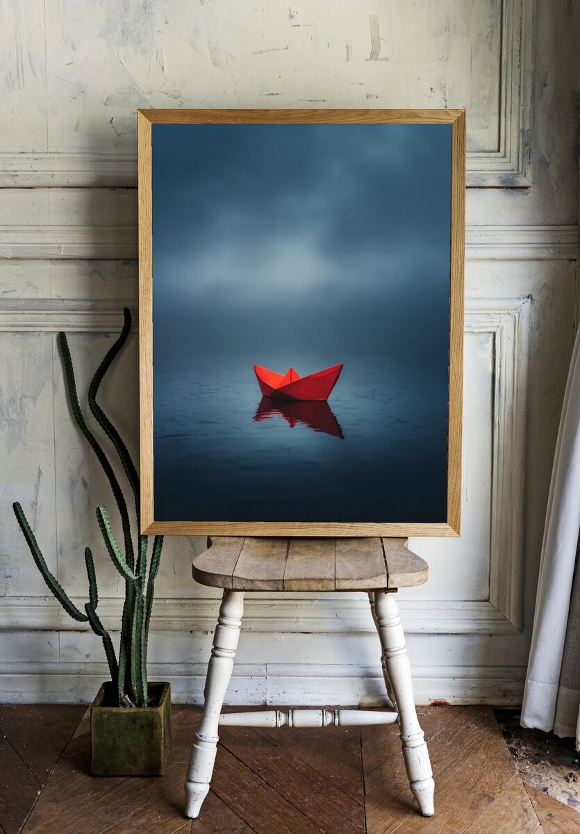 Red Paper Boat — Photography Print. — room view 1