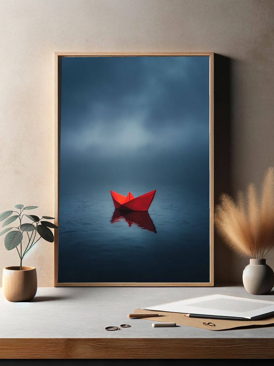 Red Paper Boat — Photography Print. — room view 2
