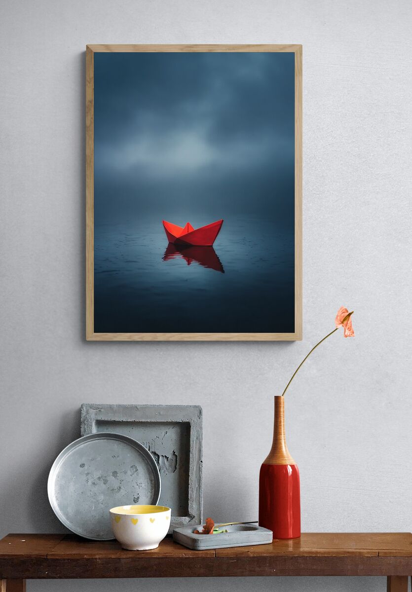 Red Paper Boat — Photography Print. — room view 3