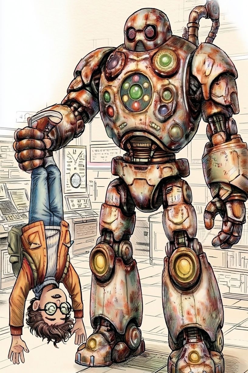 Robot and Boy — Cartoon Illustration Print. poster — illustration art