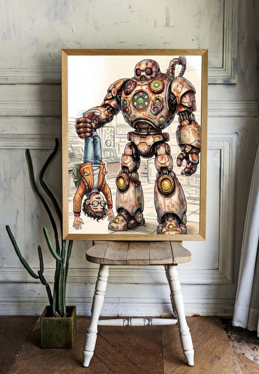 Robot and Boy — Cartoon Illustration Print. — room view 1