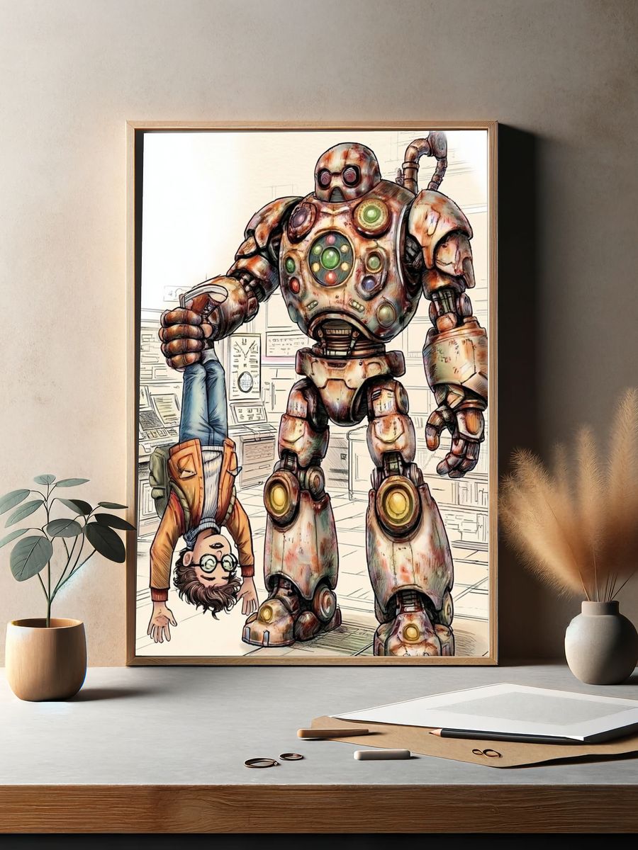 Robot and Boy — Cartoon Illustration Print. — room view 2