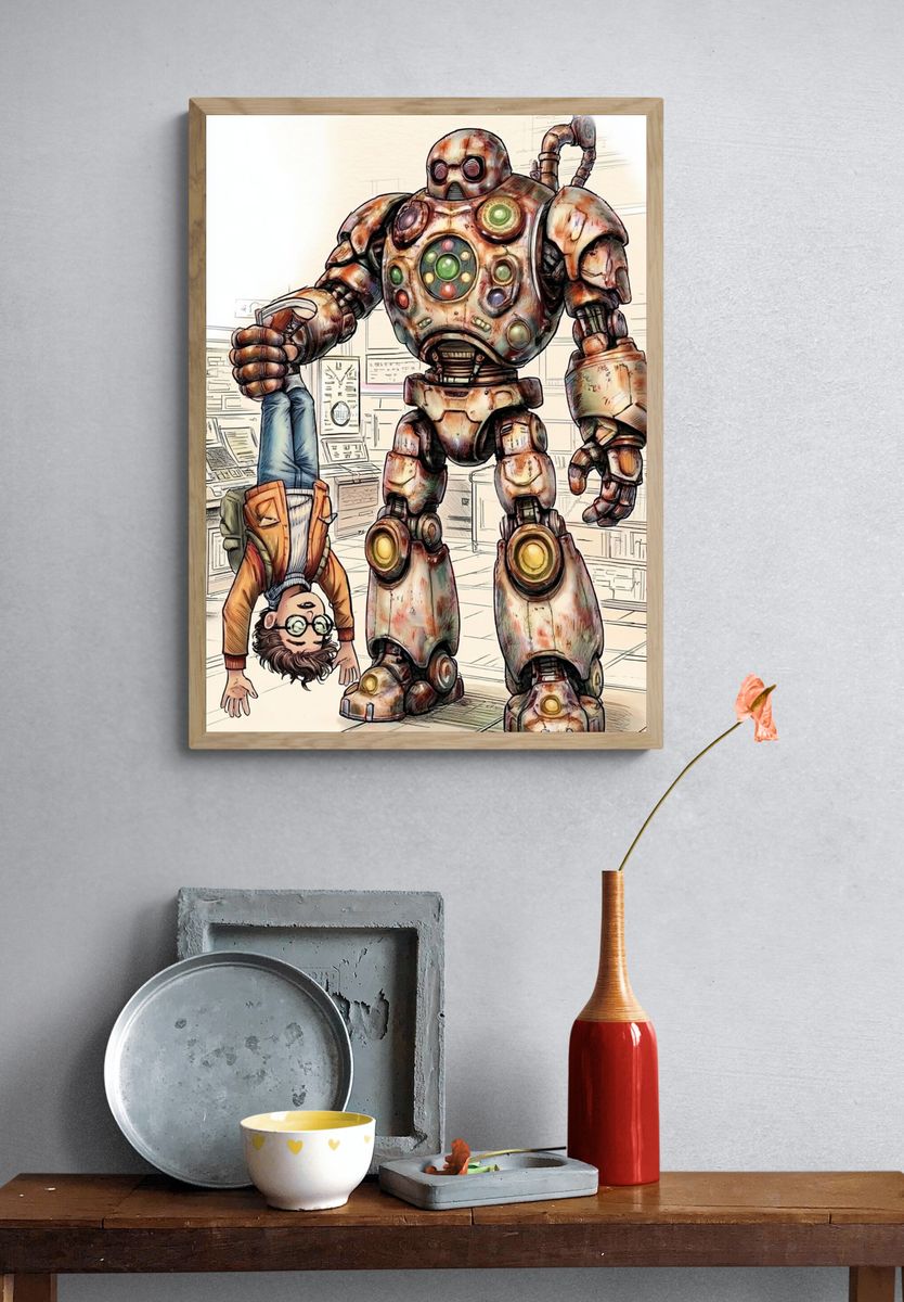 Robot and Boy — Cartoon Illustration Print. — room view 3
