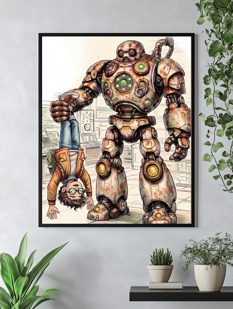 Robot and Boy — Cartoon Illustration Print. — room view 4