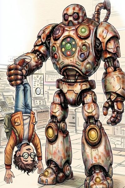 Robot and Boy — Cartoon Illustration Print. poster print