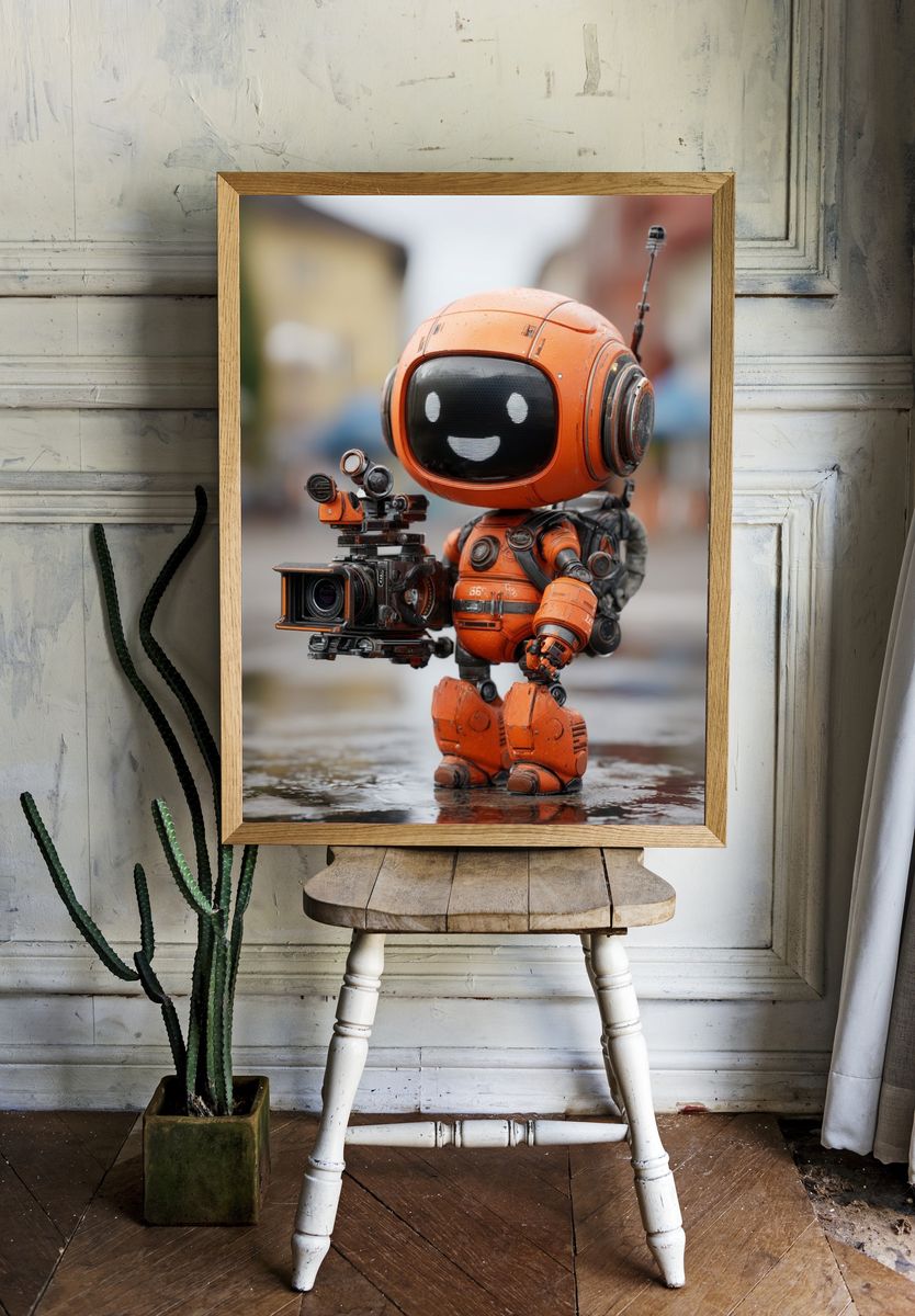 Happy Robot with Camera — Digital Art Print. — room view 1