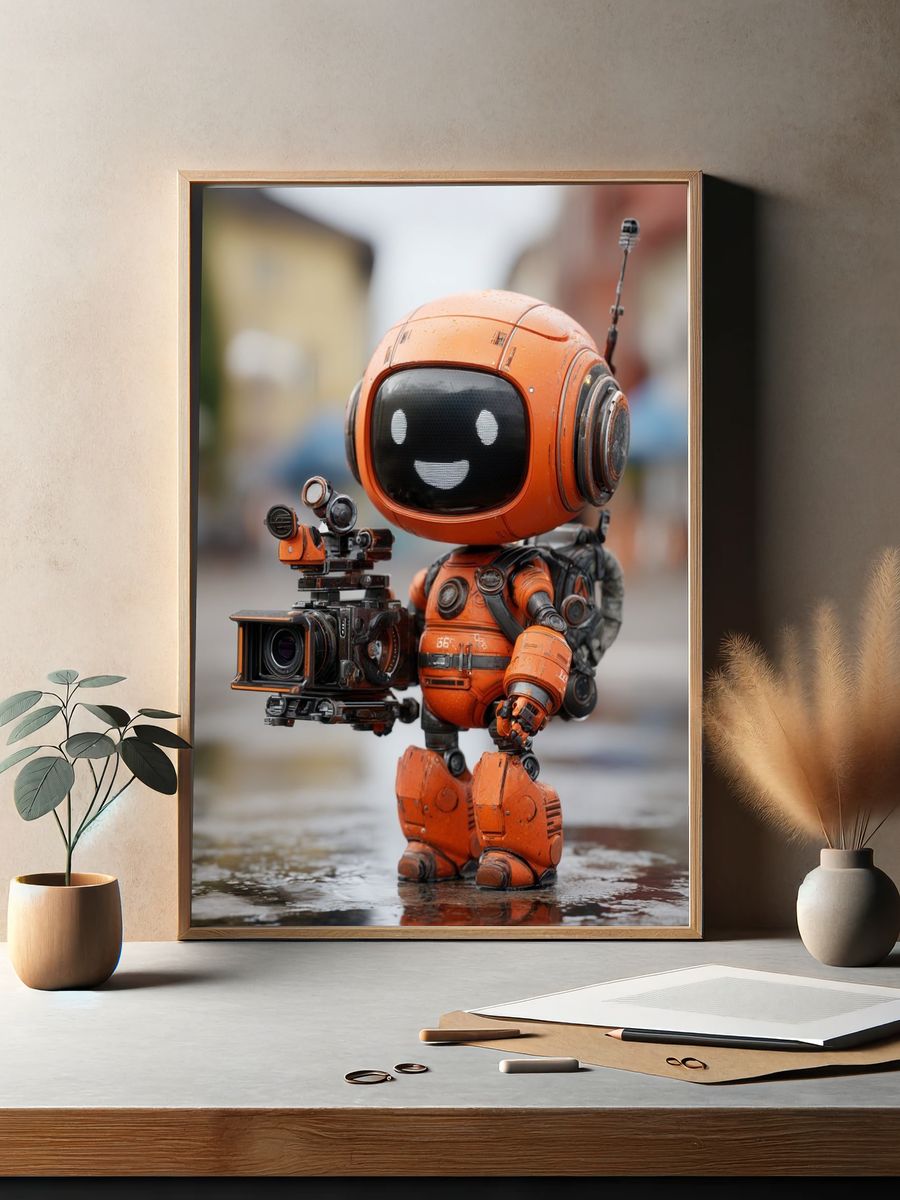 Happy Robot with Camera — Digital Art Print. — room view 2