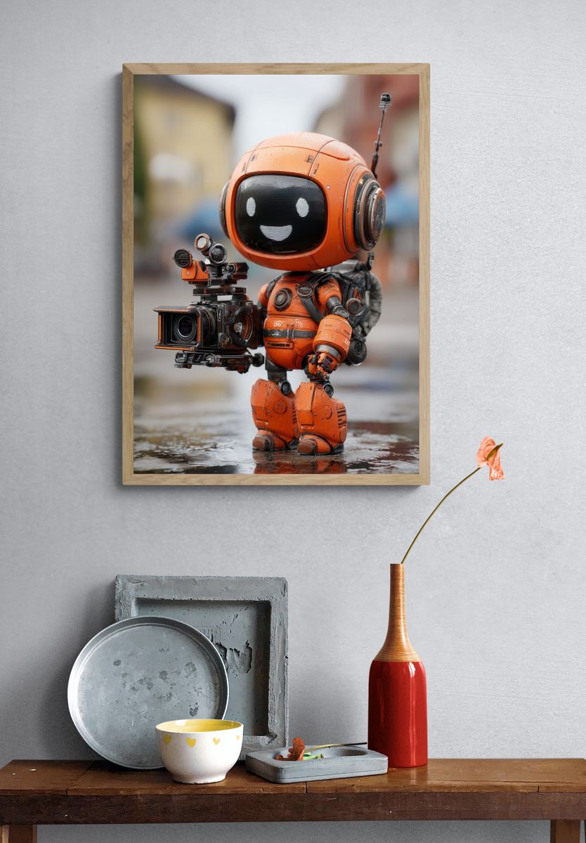 Happy Robot with Camera — Digital Art Print. — room view 3