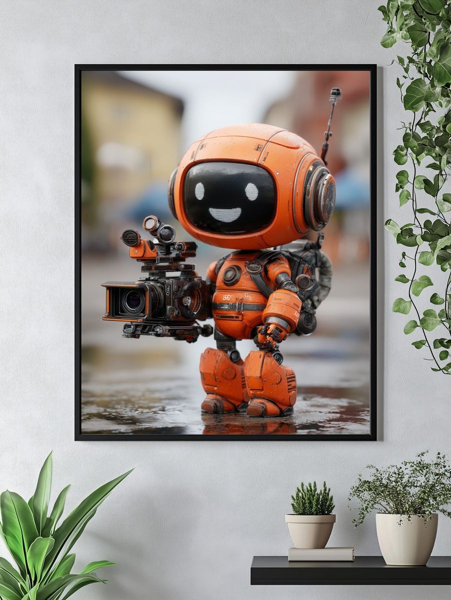 Happy Robot with Camera — Digital Art Print. — room view 4