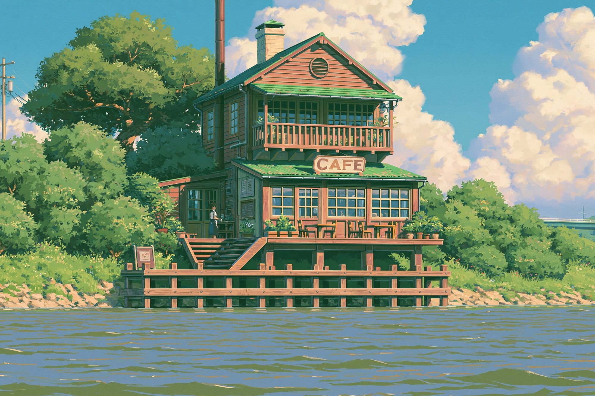 Riverside Cafe Illustration Poster. poster detail