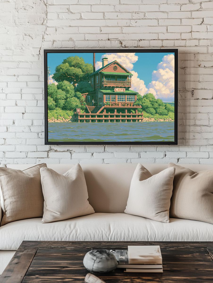 Riverside Cafe Illustration Poster. room preview