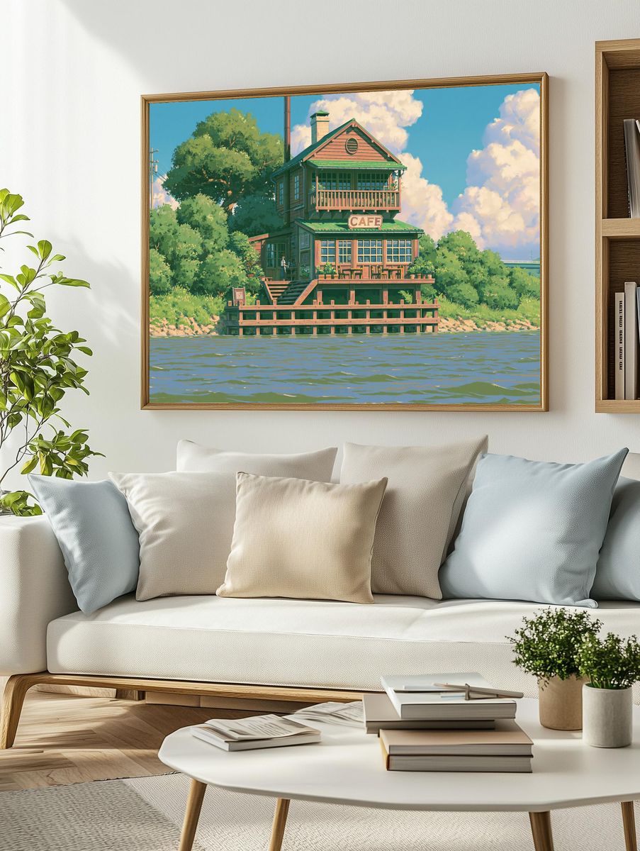 Riverside Cafe Illustration Poster. — room view 2