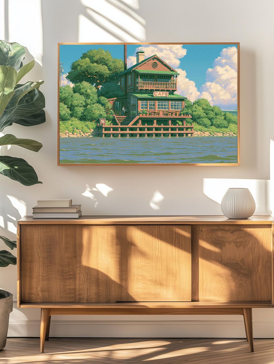Riverside Cafe Illustration Poster. — room view 3