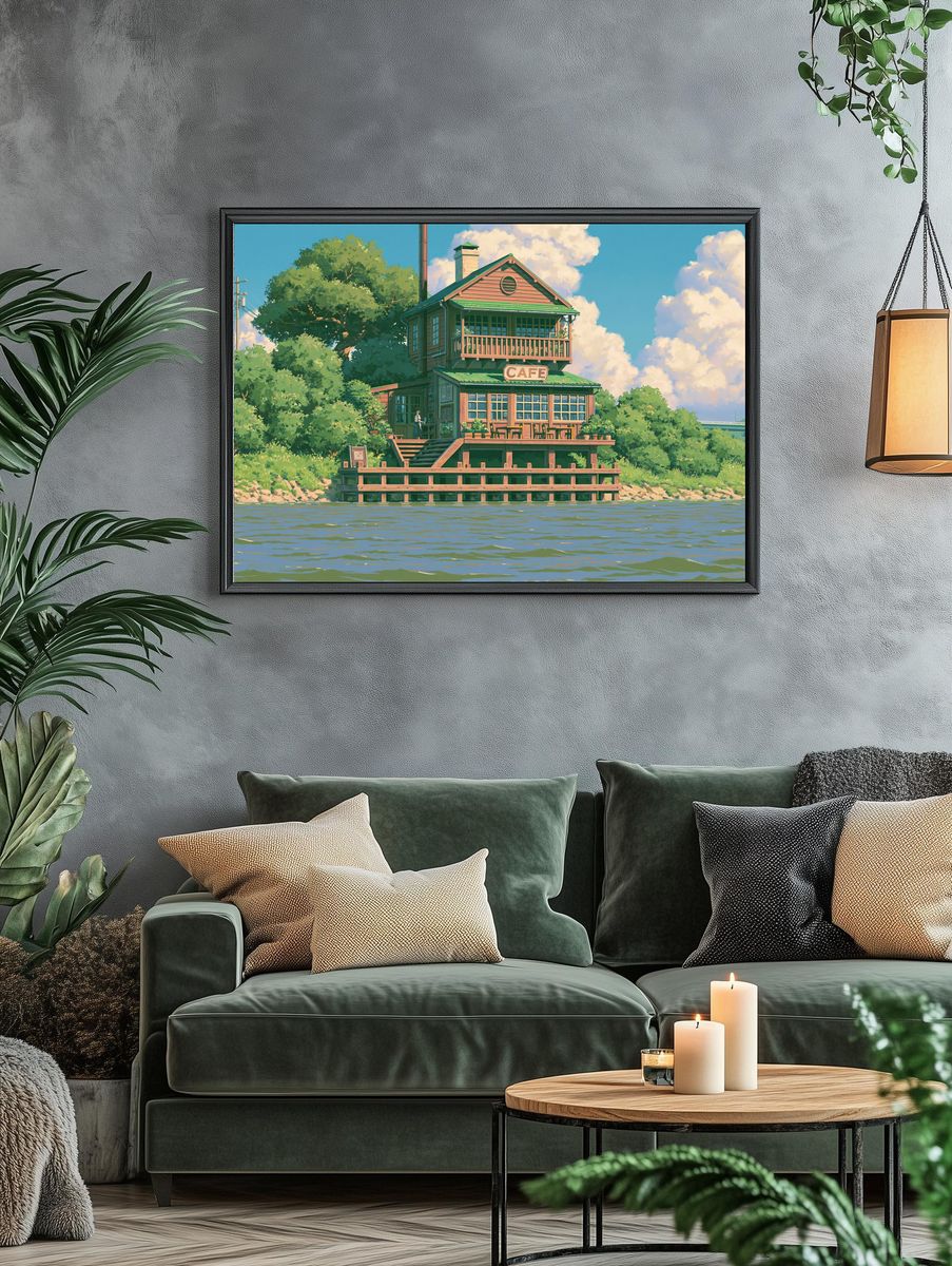 Riverside Cafe Illustration Poster. — room view 4
