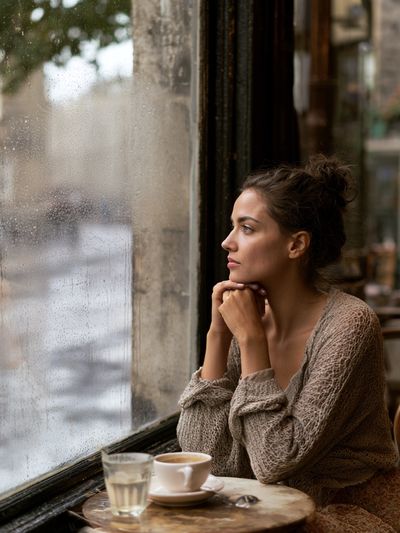 Rainy Café Portrait Photography Poster. poster