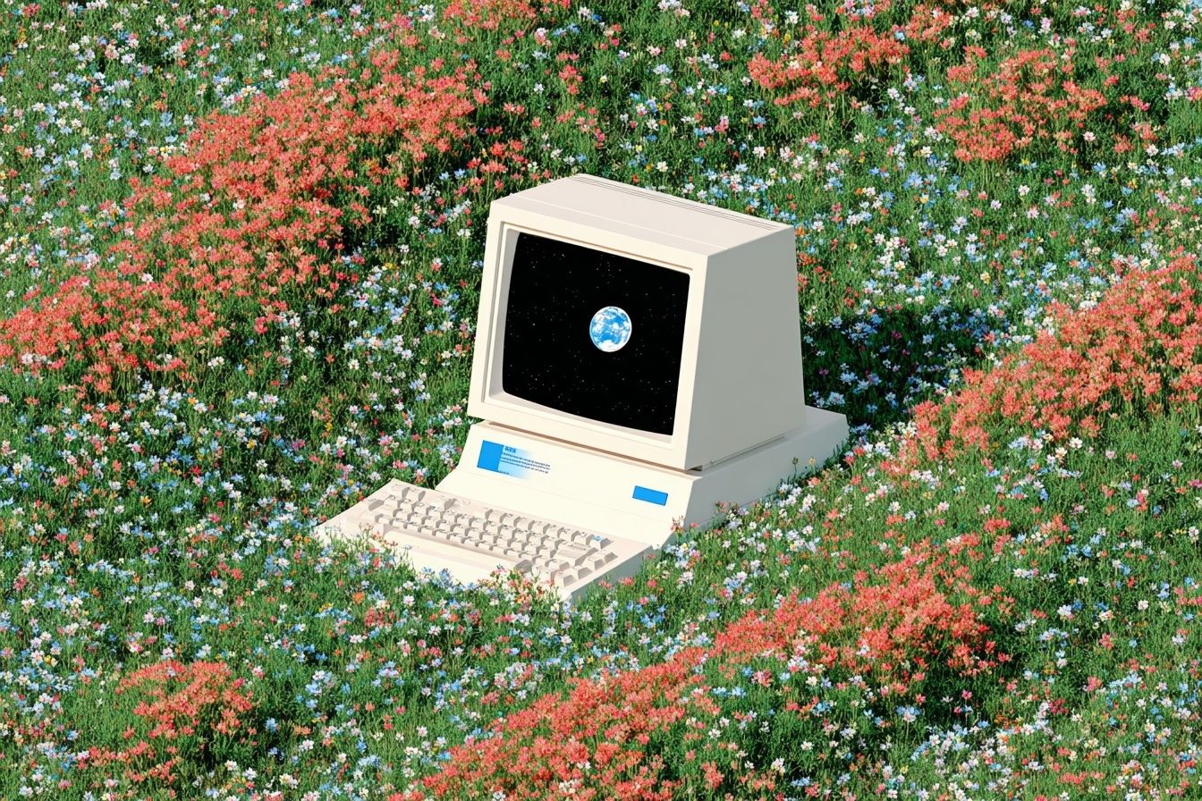 Retro Computer in Flower Field — Digital Art Print. poster detail