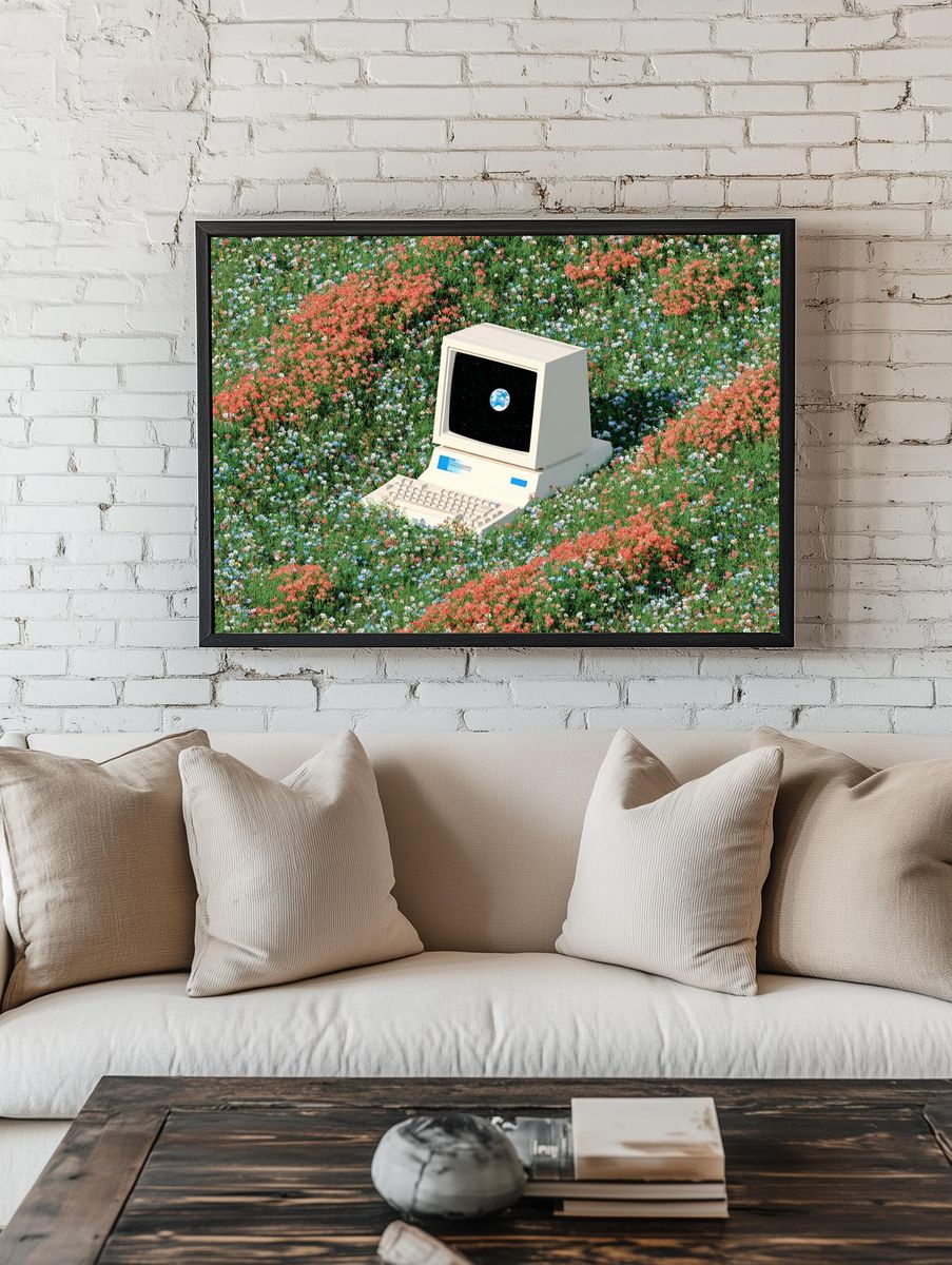 Retro Computer in Flower Field — Digital Art Print. — room view 1