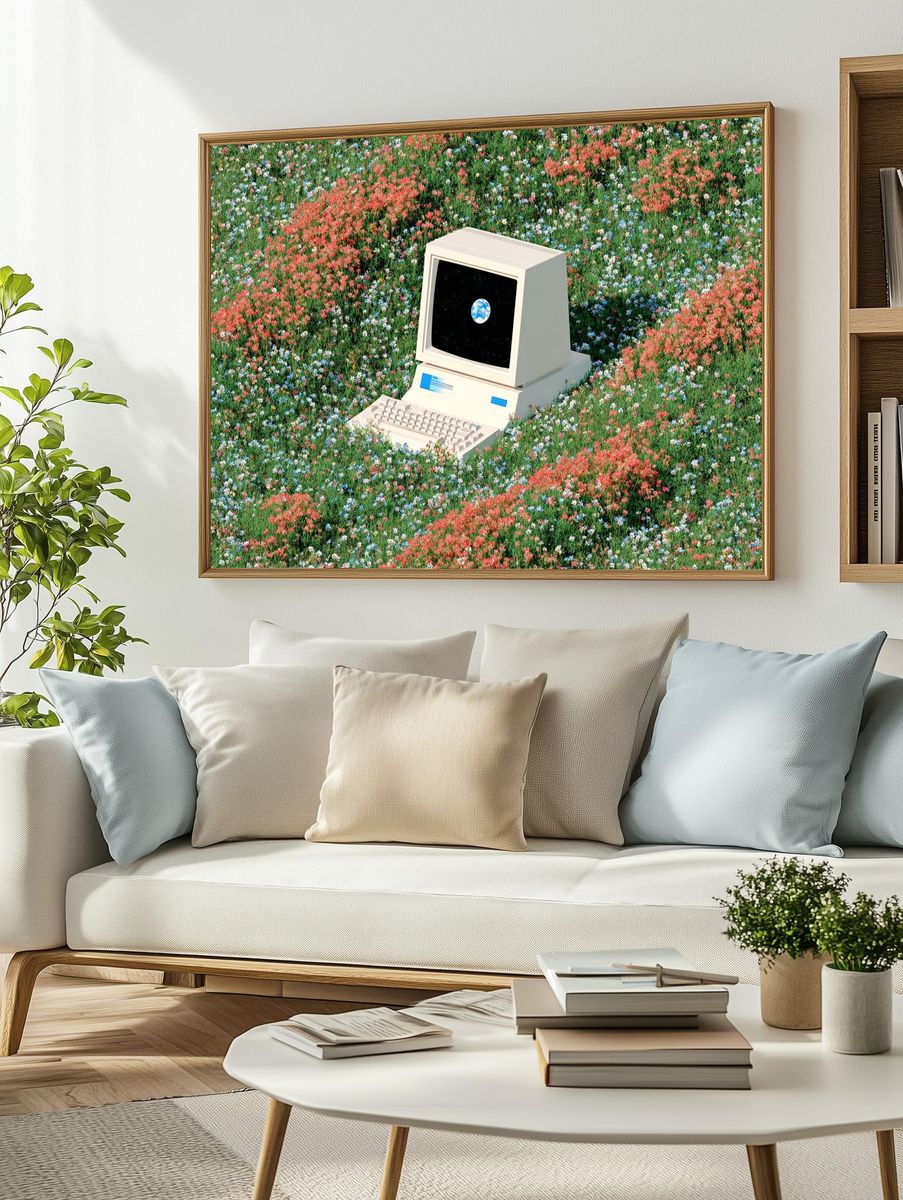 Retro Computer in Flower Field — Digital Art Print. — room view 2