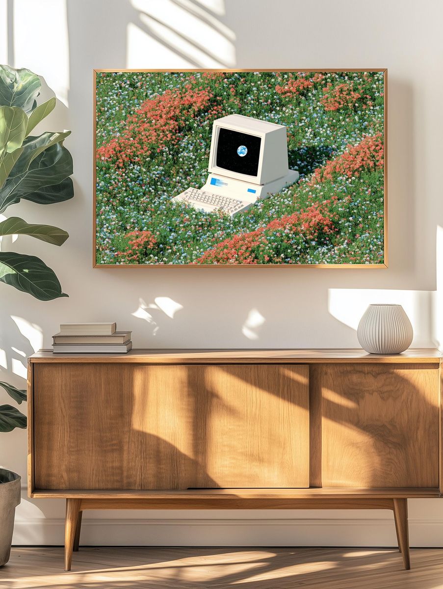 Retro Computer in Flower Field — Digital Art Print. — room view 3