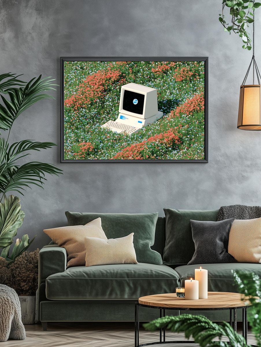 Retro Computer in Flower Field — Digital Art Print. — room view 4