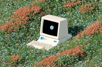 Retro Computer in Flower Field — Digital Art Print. poster print
