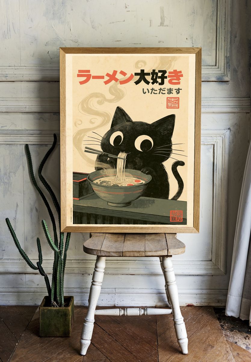 Ramen Cat Japanese Illustration Poster. room preview