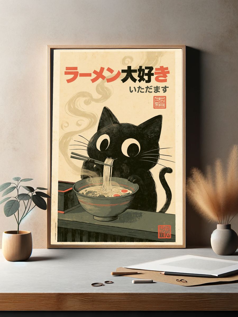 Ramen Cat Japanese Illustration Poster. — room view 2