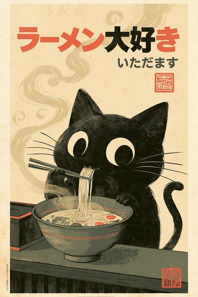 Ramen Cat Japanese Illustration Poster.