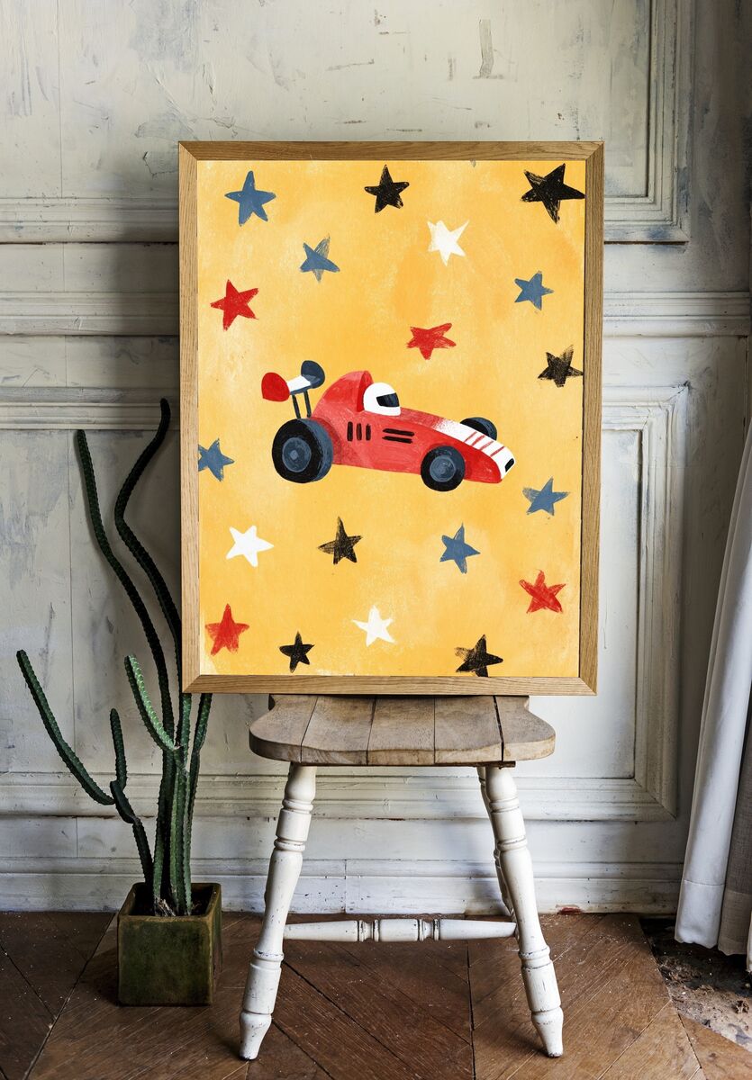 Red Race Car — Kids Illustration Print. — room view 1