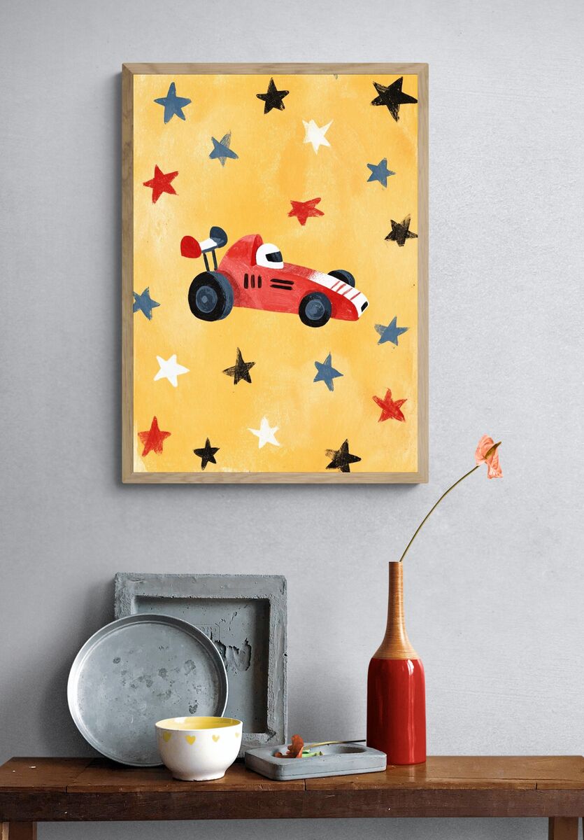 Red Race Car — Kids Illustration Print. — room view 3