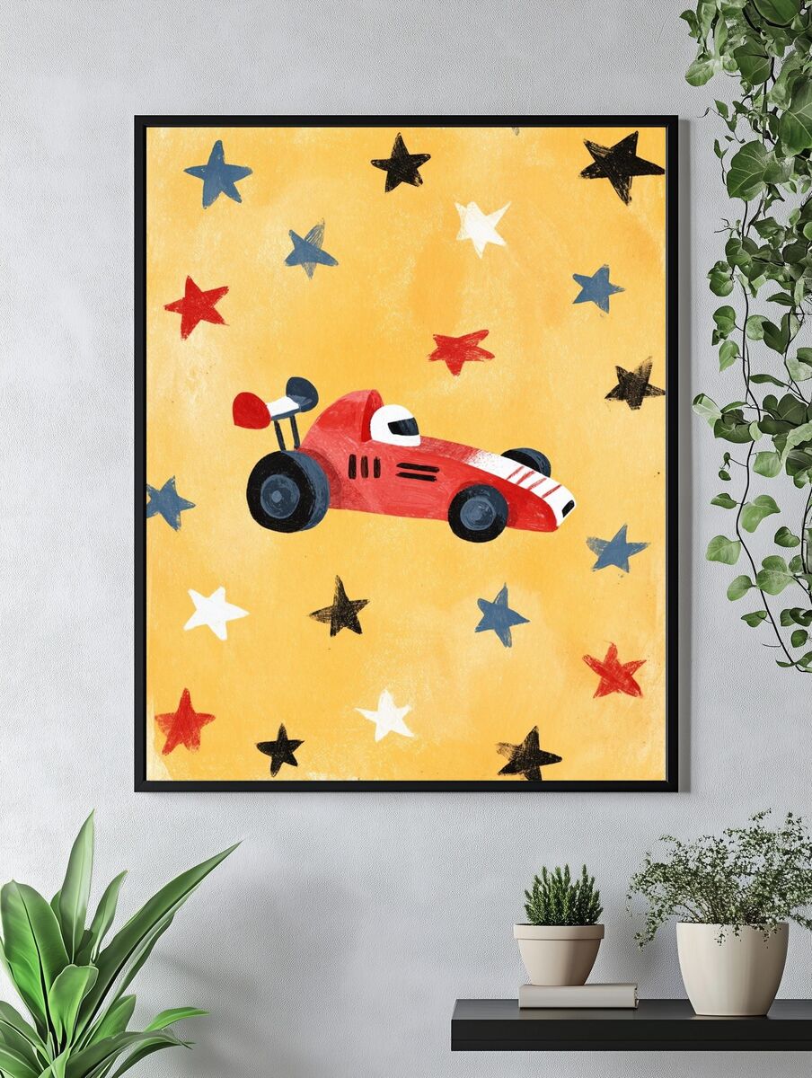 Red Race Car — Kids Illustration Print. — room view 4