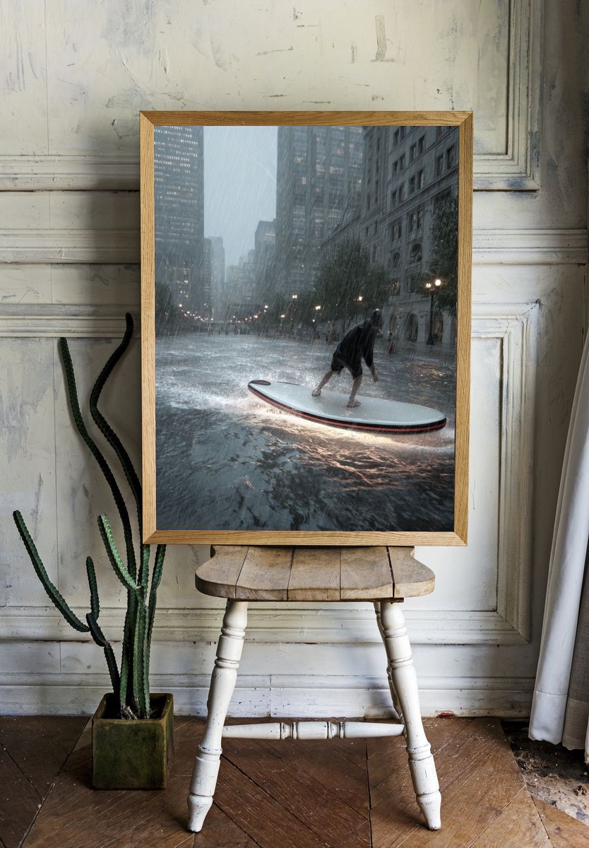 Rainy City Surfing Photography Poster. — room view 1