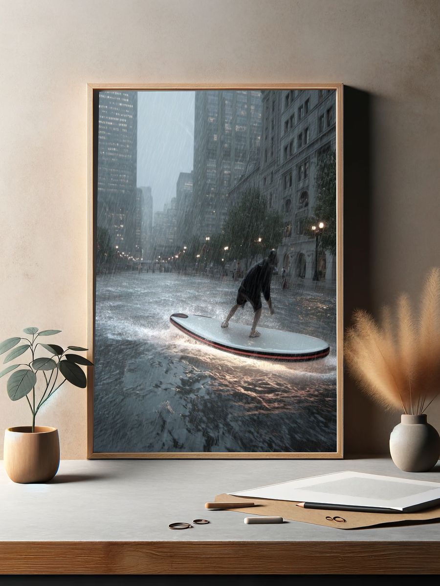 Rainy City Surfing Photography Poster. — room view 2