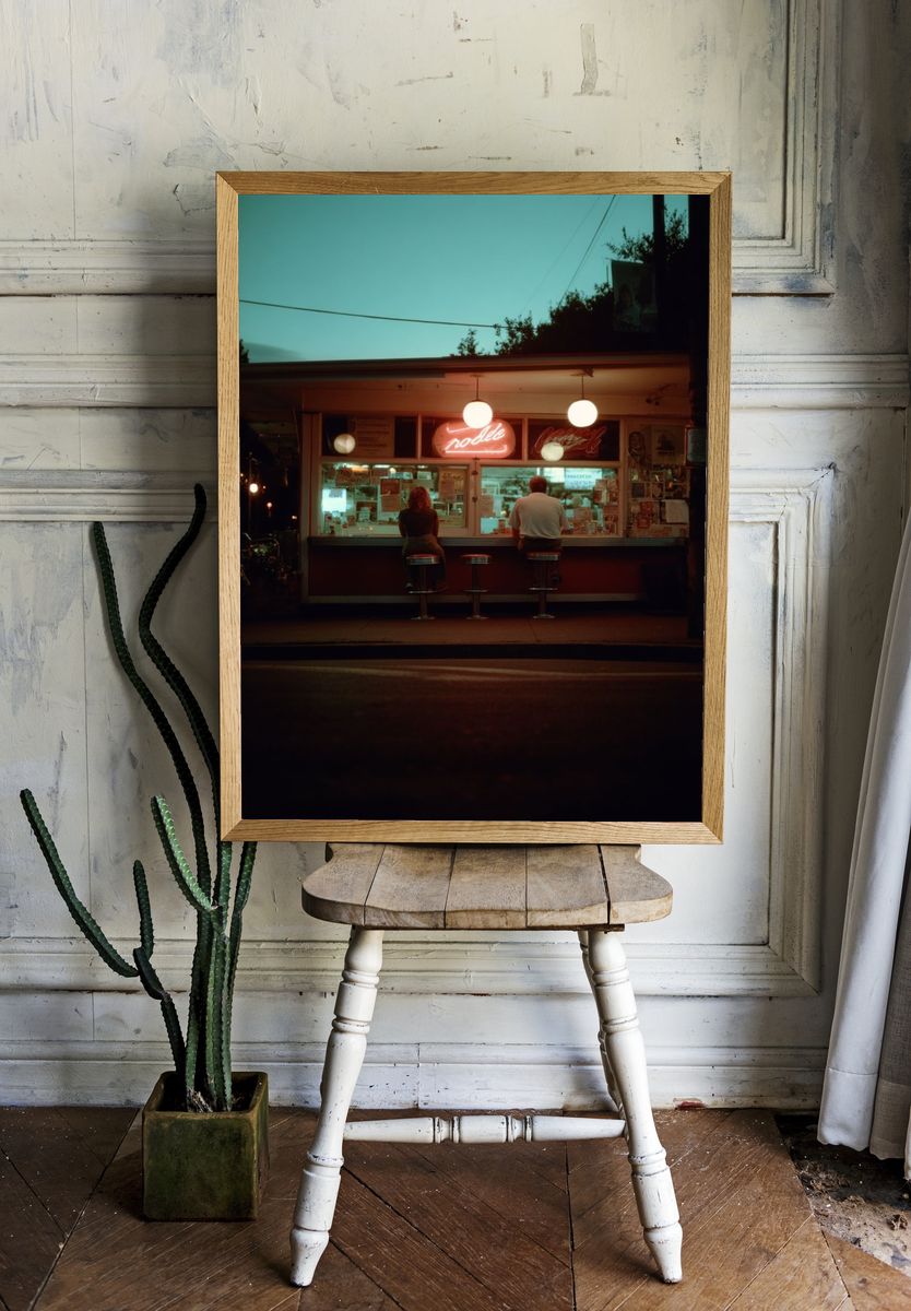 Retro Diner Night Photography Poster. — room view 1