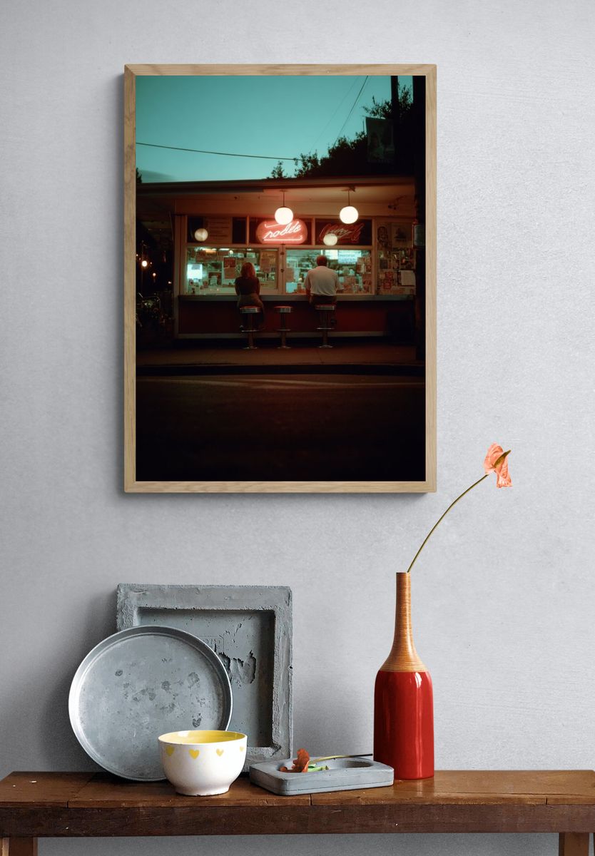 Retro Diner Night Photography Poster. — room view 3