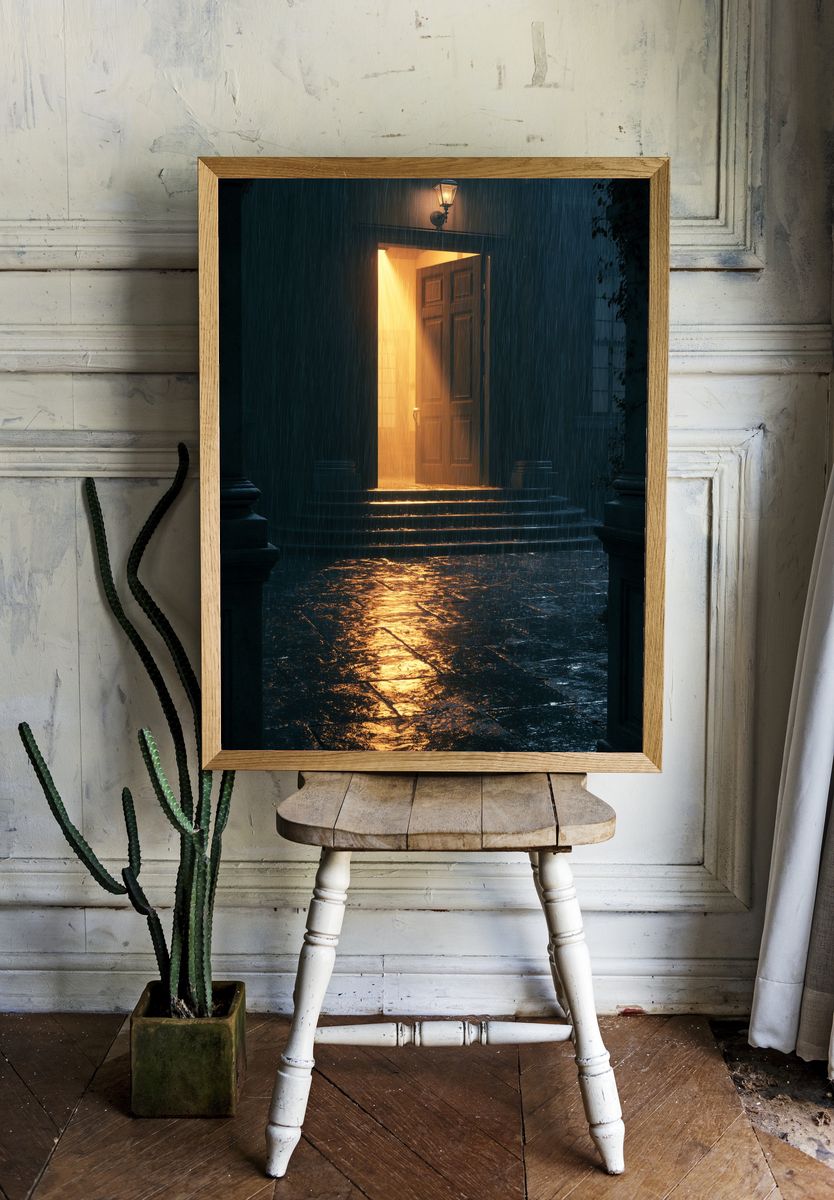 Rainy Doorway Night Photography Poster. room preview