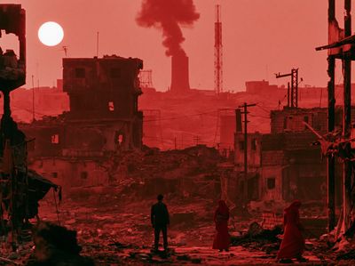 Red Dystopian Ruins Photography Poster.