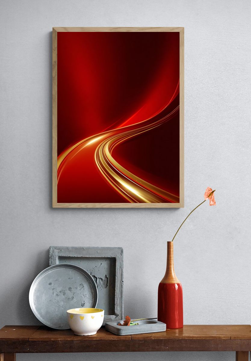 Dynamic Red Waves — Abstract Print. — room view 3