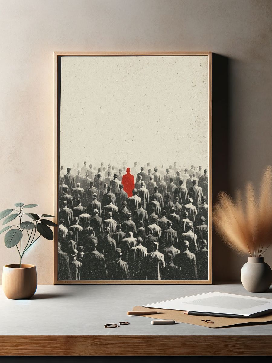 Red Figure in a Crowd — Fine Art Print. — room view 2
