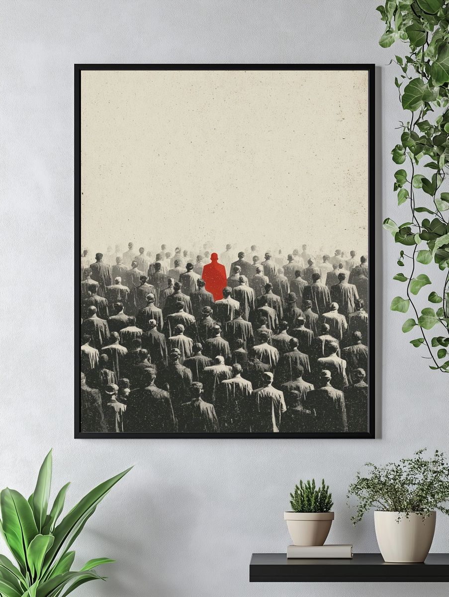Red Figure in a Crowd — Fine Art Print. — room view 4
