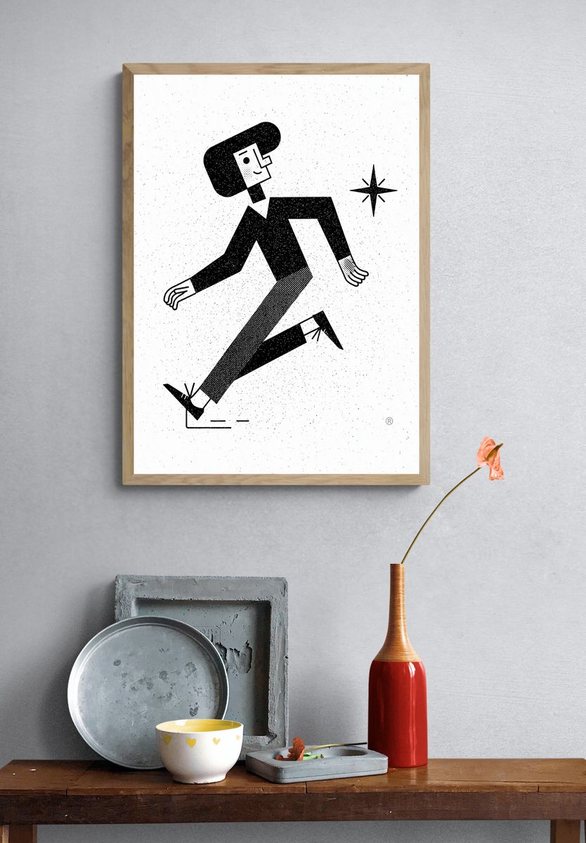 Running Figure Black-White Poster. — room view 3