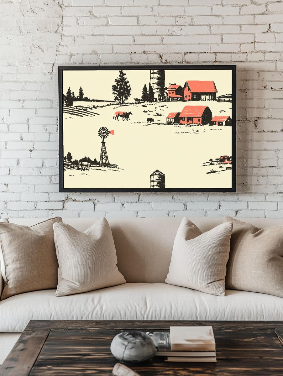 Rustic Farm Landscape — Vintage Print. room preview